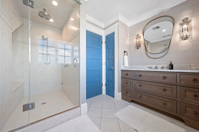 19 Flamingo Dr, Avalon, NJ 08202 - bathroom with vanity, tile patterned floors, a shower with door, and crown molding