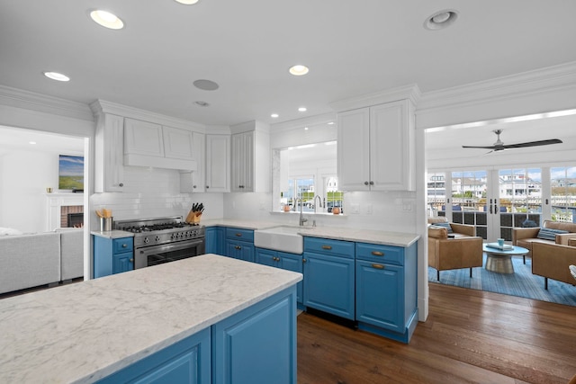 19 Flamingo Dr, Avalon, NJ 08202 - kitchen with high end range, white cabinetry, blue cabinetry, and sink