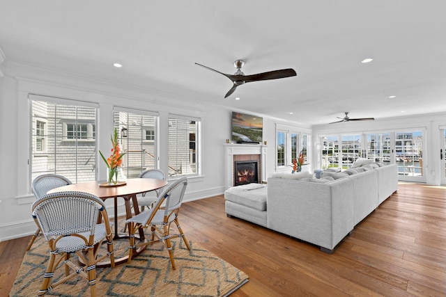 19 Flamingo Dr, Avalon, NJ 08202 - living room featuring hardwood / wood-style floors, ceiling fan, and crown molding