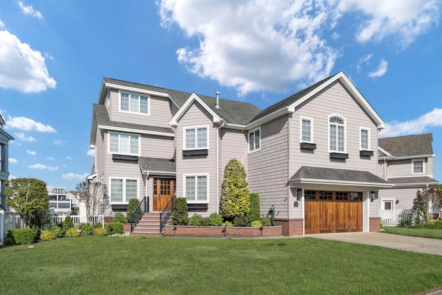 view of front of property with a garage and a front lawn