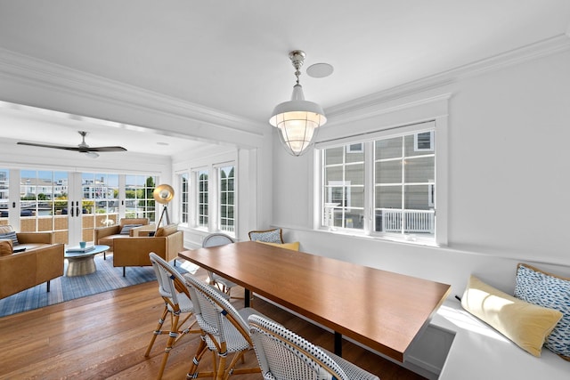 19 Flamingo Dr, Avalon, NJ 08202 - dining room featuring ceiling fan, wood-type flooring, crown molding, and french doors