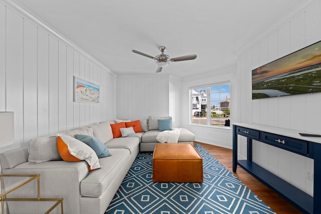19 Flamingo Dr, Avalon, NJ 08202 - living room featuring ceiling fan, crown molding, and dark wood-type flooring