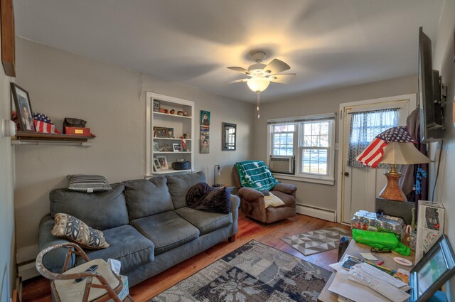 103 Bate Ave, Lower Township, NJ 08204 - living room featuring ceiling fan, a baseboard radiator, and hardwood / wood-style floors