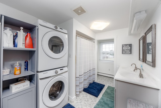103 Bate Ave, Lower Township, NJ 08204 - laundry area with sink, stacked washer / drying machine, and a baseboard radiator