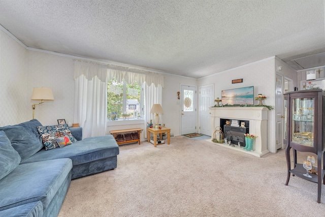 11 S 9th St, Del Haven, NJ 08251 - living room with carpet floors, a textured ceiling, ornamental molding, a glass covered fireplace, and attic access