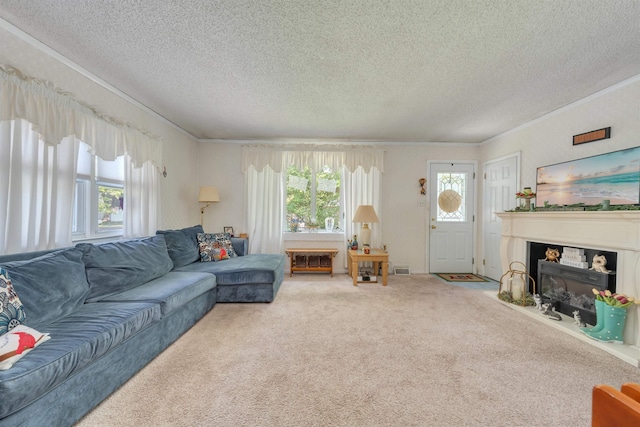 11 S 9th St, Del Haven, NJ 08251 - carpeted living room with a textured ceiling, crown molding, and a fireplace