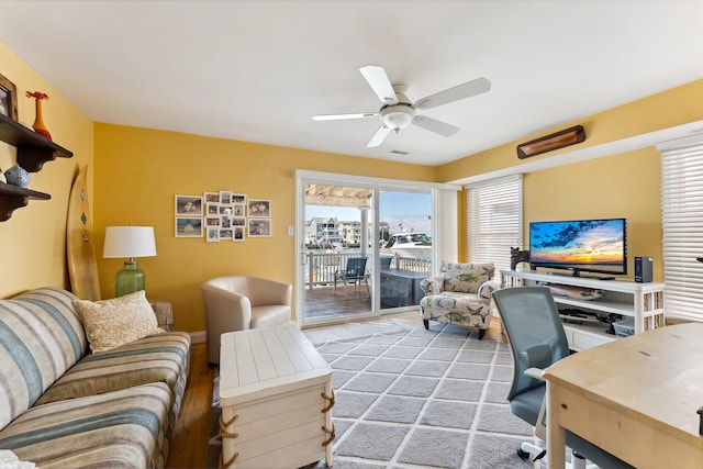 office area featuring ceiling fan and wood finished floors