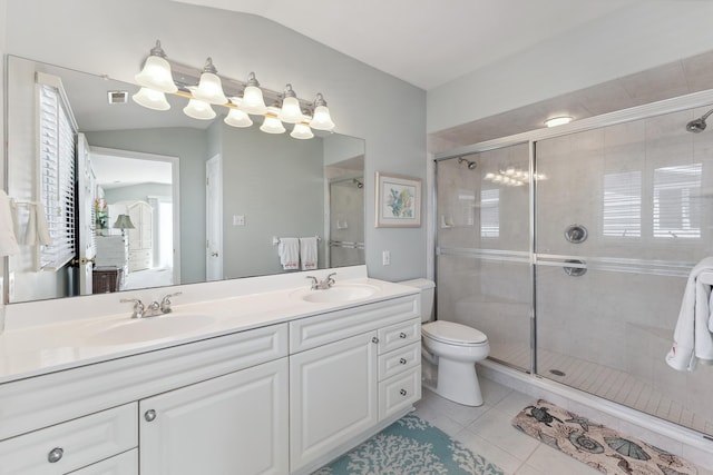 full bath featuring lofted ceiling, tile patterned flooring, a sink, and a shower stall