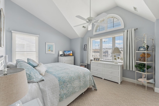 bedroom featuring light carpet, visible vents, baseboards, ceiling fan, and vaulted ceiling