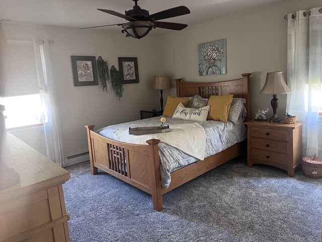 407 Elmwood Ave, Marmora, NJ 08223 - bedroom with baseboard heating, ceiling fan, and dark colored carpet