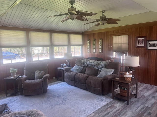 407 Elmwood Ave, Marmora, NJ 08223 - living room featuring lofted ceiling, ceiling fan, wooden walls, and wood ceiling
