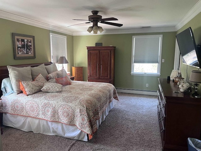 407 Elmwood Ave, Marmora, NJ 08223 - bedroom with baseboard heating, ceiling fan, carpet flooring, and ornamental molding