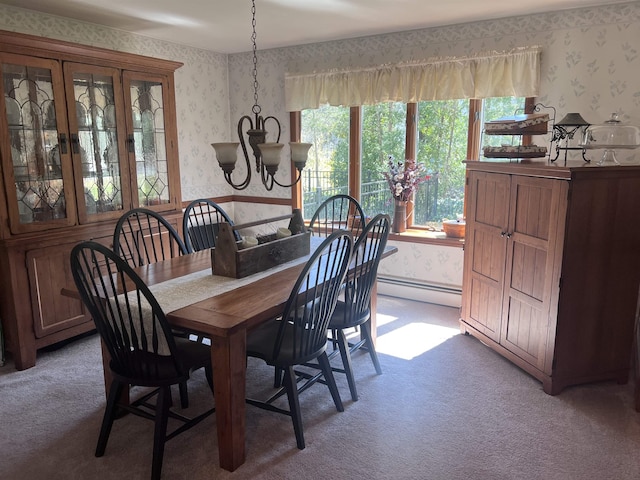407 Elmwood Ave, Marmora, NJ 08223 - carpeted dining room featuring an inviting chandelier and a baseboard heating unit