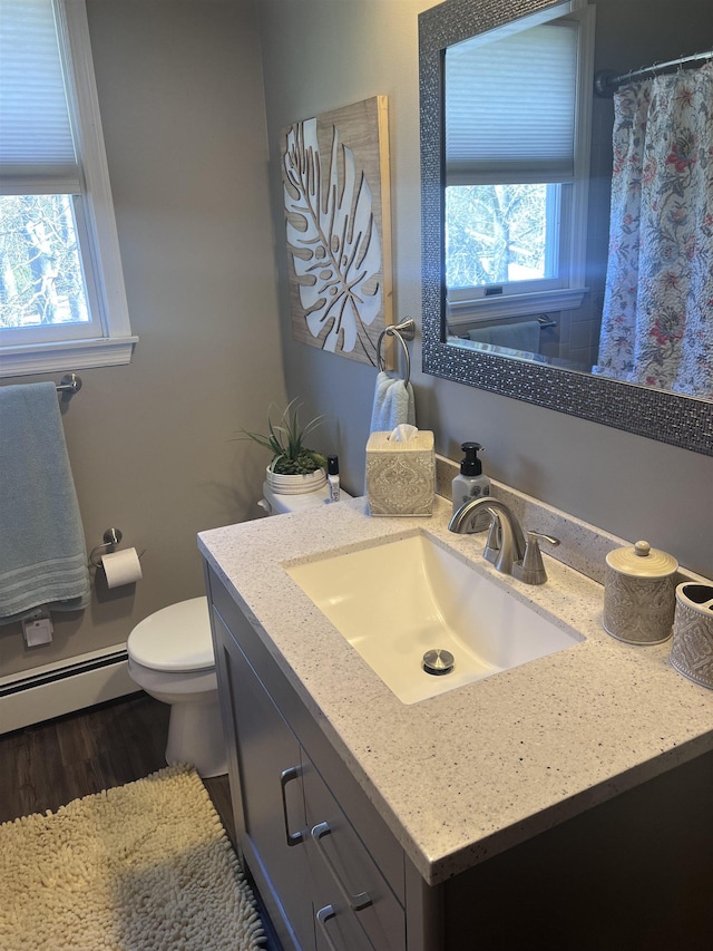 407 Elmwood Ave, Marmora, NJ 08223 - bathroom featuring hardwood / wood-style floors, vanity, a healthy amount of sunlight, and a baseboard heating unit