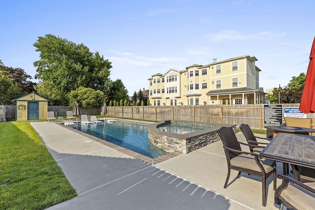 127 Myrtle Ave, West Cape May, NJ 08204 - view of swimming pool with a fenced backyard, a patio, a pool with connected hot tub, and a shed