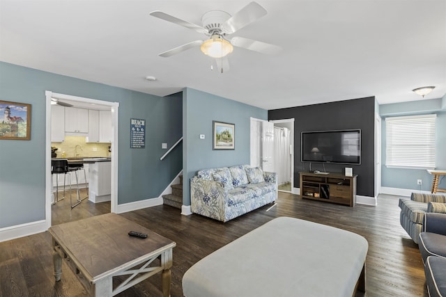 127 Myrtle Ave, West Cape May, NJ 08204 - living room featuring stairs, a ceiling fan, and dark wood-style floors