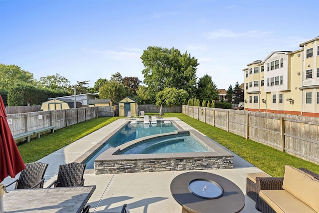 127 Myrtle Ave, West Cape May, NJ 08204 - view of pool with a fenced backyard, a storage unit, a patio, and a pool with connected hot tub