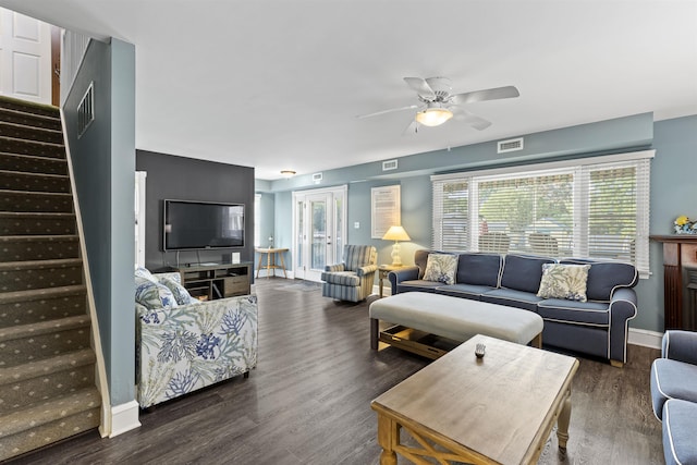 127 Myrtle Ave, West Cape May, NJ 08204 - living room featuring stairway, wood finished floors, and a ceiling fan