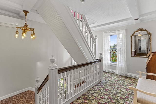 127 Myrtle Ave, West Cape May, NJ 08204 - staircase featuring carpet flooring, beamed ceiling, a chandelier, and coffered ceiling
