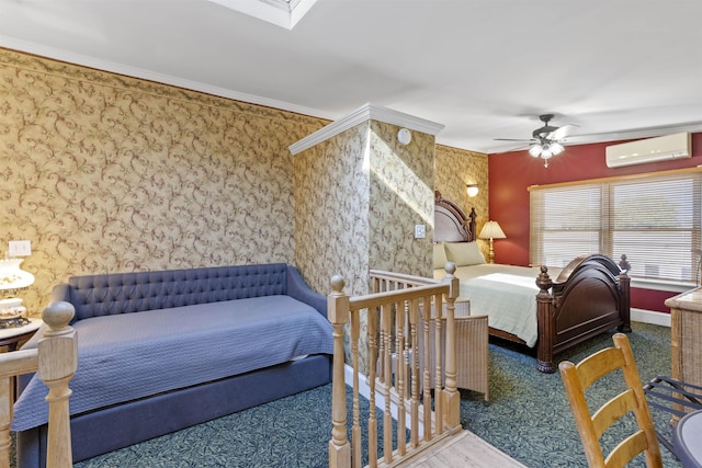 127 Myrtle Ave, West Cape May, NJ 08204 - bedroom featuring a wall mounted AC, wallpapered walls, crown molding, a ceiling fan, and carpet floors