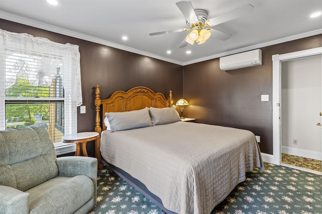 127 Myrtle Ave, West Cape May, NJ 08204 - carpeted bedroom featuring a wall mounted air conditioner, recessed lighting, crown molding, and a ceiling fan