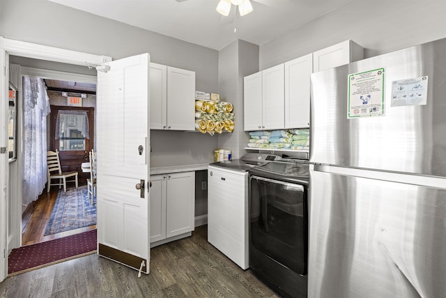 127 Myrtle Ave, West Cape May, NJ 08204 - kitchen with freestanding refrigerator, dark wood-type flooring, washer and dryer, and a ceiling fan