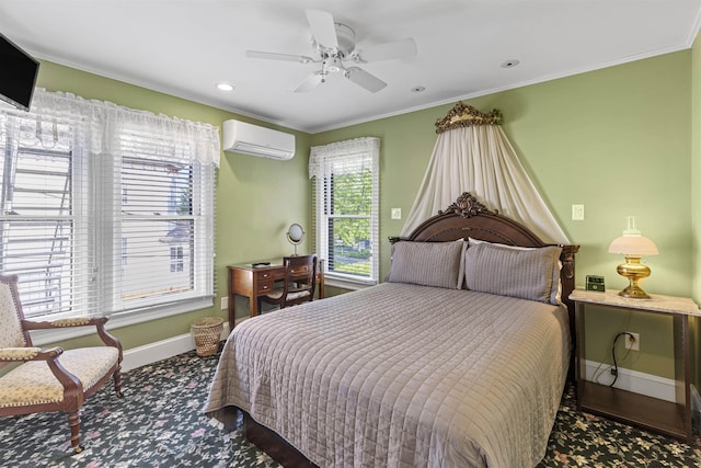 127 Myrtle Ave, West Cape May, NJ 08204 - bedroom featuring a wall unit AC, ornamental molding, carpet floors, recessed lighting, and a ceiling fan