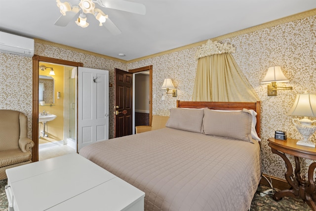 127 Myrtle Ave, West Cape May, NJ 08204 - bedroom with a wall unit AC, wallpapered walls, ensuite bath, and ceiling fan