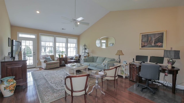 living room featuring ceiling fan, dark hardwood / wood-style flooring, and high vaulted ceiling