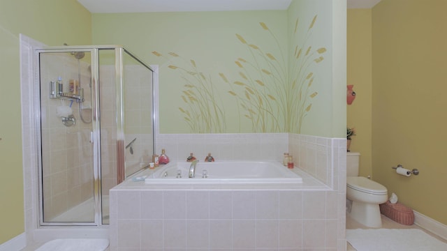 bathroom with plus walk in shower, tile patterned flooring, and toilet