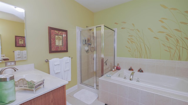 bathroom featuring tile patterned flooring, vanity, and plus walk in shower