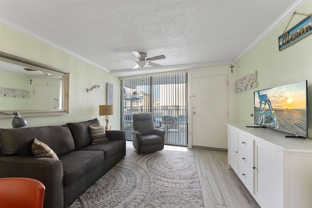 living room featuring ornamental molding, ceiling fan, a textured ceiling, and light hardwood / wood-style flooring