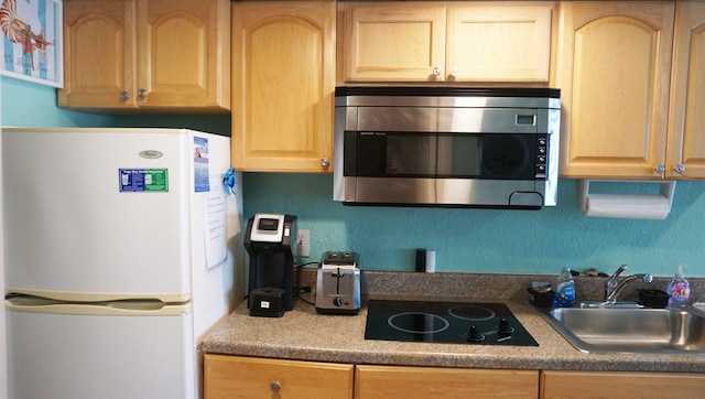 kitchen with white refrigerator, black electric cooktop, and sink