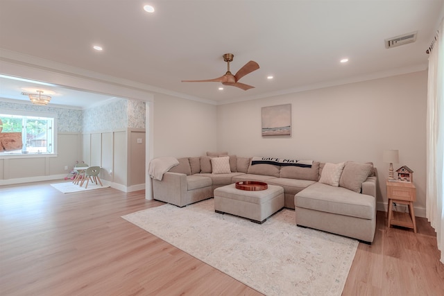 963 Tecumseh Rd, Erma, NJ 08204 - living area with light wood-style flooring, ceiling fan, baseboards, crown molding, and recessed lighting