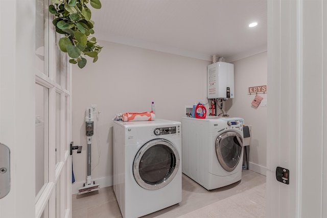 963 Tecumseh Rd, Erma, NJ 08204 - laundry room featuring independent washer and dryer, tankless water heater, recessed lighting, baseboards, and ornamental molding