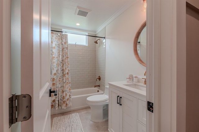963 Tecumseh Rd, Erma, NJ 08204 - full bathroom featuring toilet, vanity, shower / bathtub combination with curtain, and ornamental molding