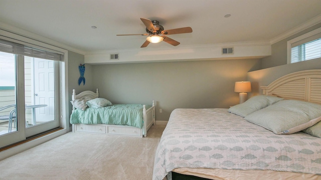 bedroom with crown molding, light colored carpet, ceiling fan, and access to outside