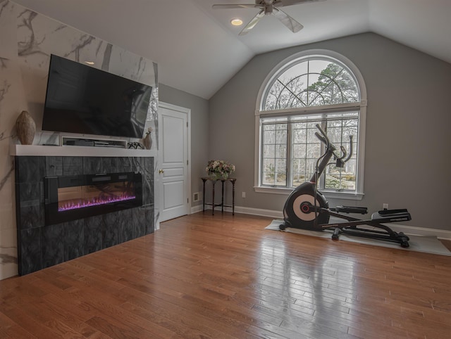 workout area featuring a fireplace, ceiling fan, hardwood / wood-style floors, and plenty of natural light