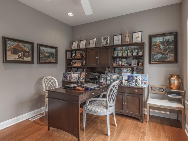 office featuring ceiling fan and light wood-type flooring