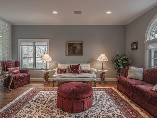 living room featuring ornamental molding and hardwood / wood-style flooring