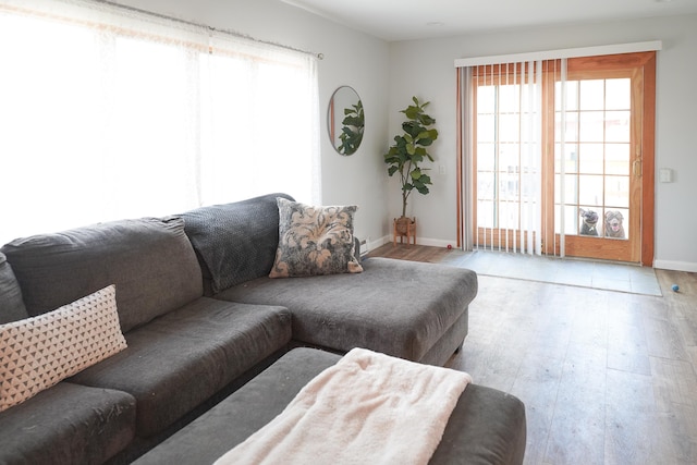living room with baseboards and wood finished floors