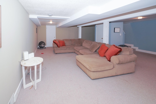 carpeted living room with baseboards