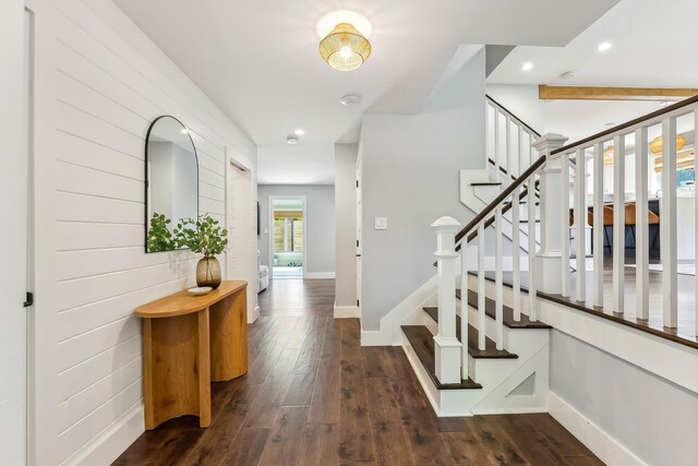 401 Fern Rd, Cape May Beach, NJ 08251 - entryway featuring recessed lighting, dark wood finished floors, baseboards, and stairs