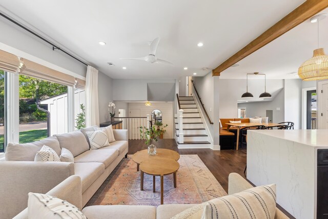 401 Fern Rd, Cape May Beach, NJ 08251 - living room featuring stairs, dark wood-type flooring, recessed lighting, a ceiling fan, and baseboards