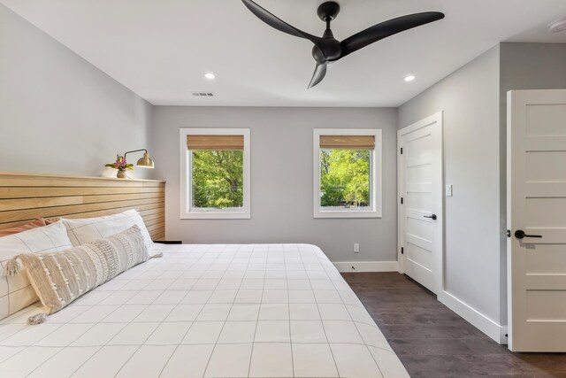 401 Fern Rd, Cape May Beach, NJ 08251 - bedroom featuring dark wood-style flooring, recessed lighting, baseboards, and ceiling fan