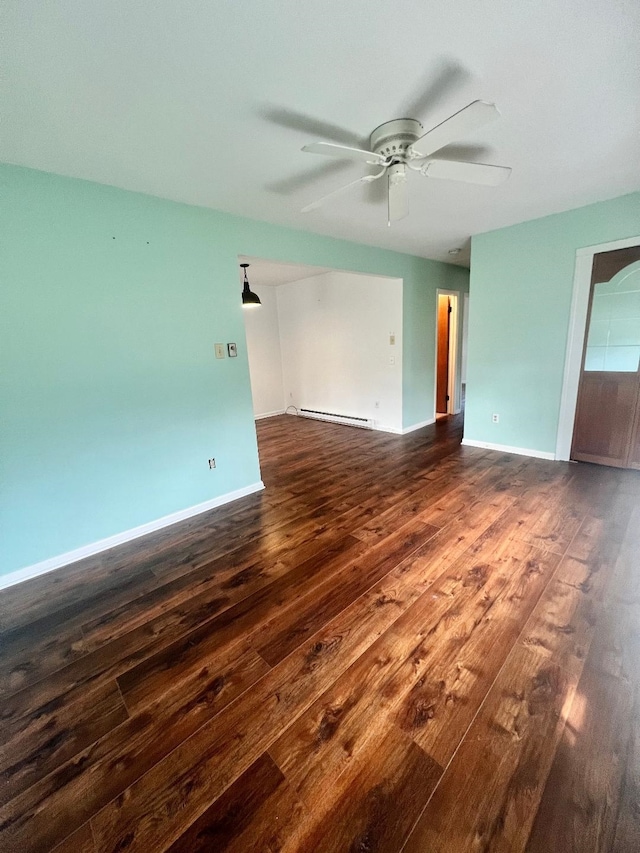 106 Cedardale Ave, Villas, NJ 08251 - unfurnished living room with a baseboard heating unit, dark wood-style flooring, and ceiling fan