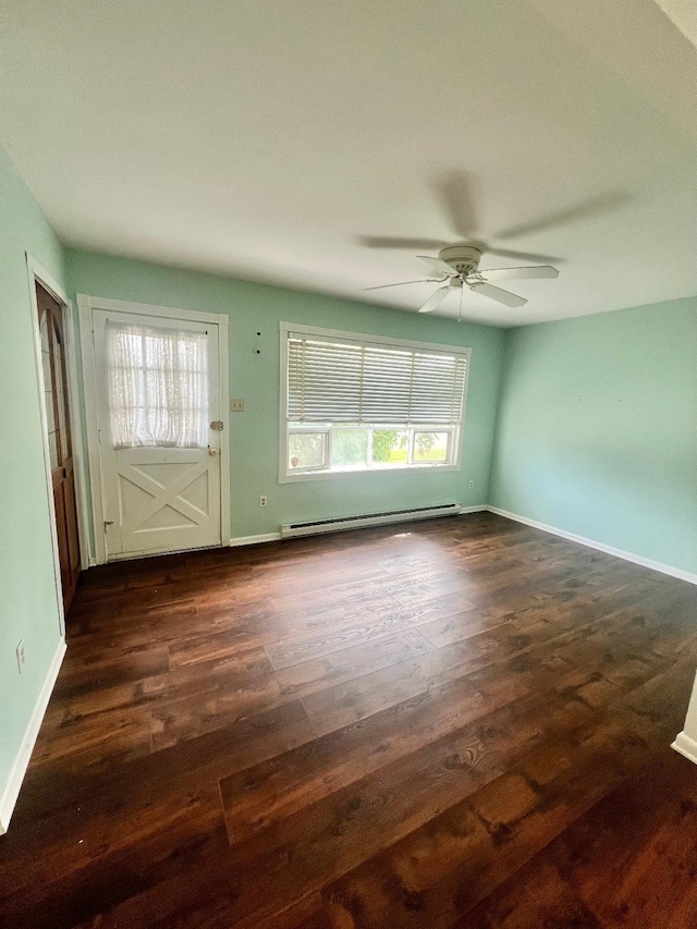 106 Cedardale Ave, Villas, NJ 08251 - unfurnished living room featuring a baseboard radiator, healthy amount of natural light, ceiling fan, and dark wood finished floors