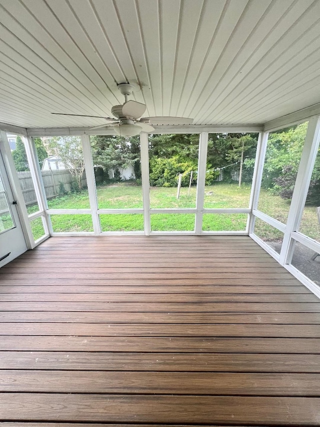 106 Cedardale Ave, Villas, NJ 08251 - unfurnished sunroom with a wooden deck, ceiling fan, and wood ceiling