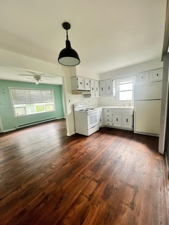 106 Cedardale Ave, Villas, NJ 08251 - kitchen featuring white appliances, dark wood-type flooring, a baseboard heating unit, white cabinetry, and decorative light fixtures