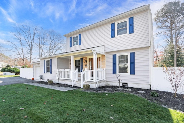 view of front facade featuring aphalt driveway, a porch, crawl space, fence, and a front lawn